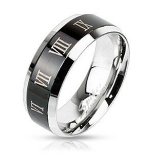 Prsten z oceli - stříbrný s černým pruhem a římskými číslicemi - Velikost: 70