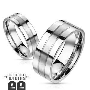 Ocelový prsten - stříbrná obroučka se dvěma rýhami, matně-lesklá - Velikost: 57