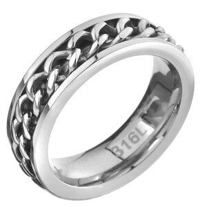 Prsten z oceli - řetízkový středový pás, stříbrná barva - Velikost: 55