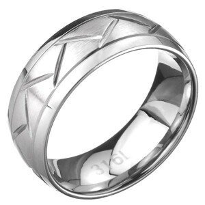 Ocelový prsten - dvě linie a cik-cak vzor, stříbrný povrch - Velikost: 65