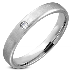 Ocelový prsten - stříbrná obroučka s čirým kamínkem uprostřed - Velikost: 52