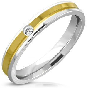 Prsten z oceli - kroužek s prohlubní zlaté barvy uprostřed, čirý kámen - Velikost: 52