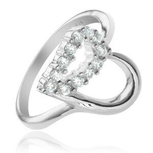 Stříbrný prsten 925 - kontura srdce, čirá zirkonová polovina - Velikost: 64