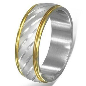 Dvoubarevný ocelový prsten - šikmé stříbrné zářezy a zlatý lem - Velikost: 63