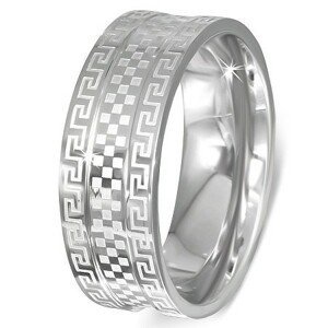 Ocelový prsten - obroučka s řeckým klíčem a šachovnicí - Velikost: 51