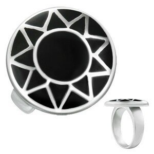 Ocelový prsten se stříbrným obrysem slunce v černém kruhu - Velikost: 62
