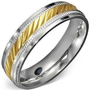 Prsten z chirurgické oceli - zlatý střed se zářezy a ozdobným rámem - Velikost: 62
