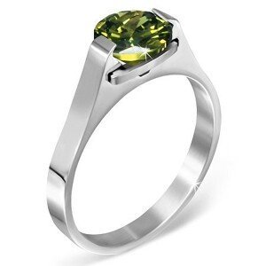 Ocelový prsten - zelený měsíční kámen "Květen", postranní úchyty - Velikost: 62
