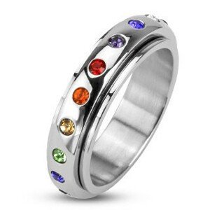 Prsten z chirurgické oceli - točící se obruč s barevnými zirkony - Velikost: 69