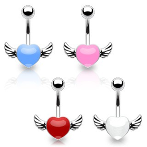 Piercing do pupíku z chirurgické oceli - barevné srdce s křídly - Barva piercing: Bílá