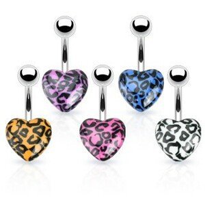 Piercing do pupíku z oceli - barevné srdce s leopardím vzorem - Barva piercing: Oranžová