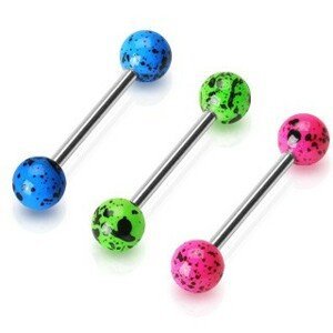 Ocelový piercing do jazyka - činka s barevnými flekatými kuličkami - Barva piercing: Modrá