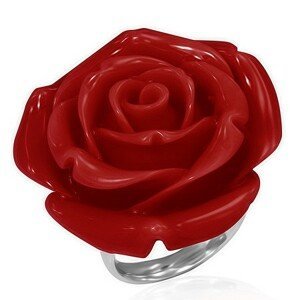 Prsten z oceli - červená vykvetlá růže z pryskyřice - Velikost: 52