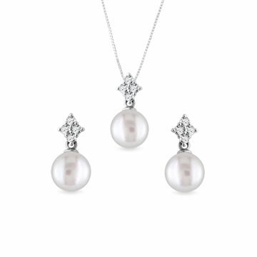 Elegantní set diamantových šperků s perlami v bílém zlatě KLENOTA