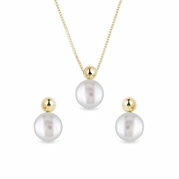 Souprava moderních perlových šperků ve žlutém zlatě KLENOTA