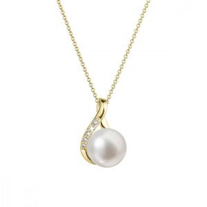 Zlatý 14 karátový náhrdelník slza s bílou říční perlou a brilianty 92PB00029,Zlatý 14 karátový náhrdelník slza s bílou říční perlou a brilianty 92PB00