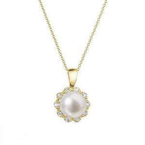 Zlatý 14 karátový náhrdelník kytička s bílou říční perlou a brilianty 92PB00036,Zlatý 14 karátový náhrdelník kytička s bílou říční perlou a brilianty