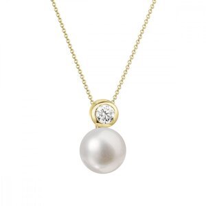 Zlatý 14 karátový náhrdelník s bílou říční perlou a briliantem 92PB00045,Zlatý 14 karátový náhrdelník s bílou říční perlou a briliantem 92PB00045