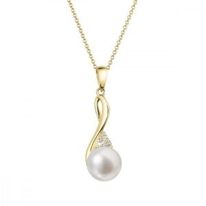 Zlatý 14 karátový náhrdelník s bílou říční perlou a brilianty 92PB00050,Zlatý 14 karátový náhrdelník s bílou říční perlou a brilianty 92PB00050