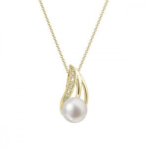 Zlatý 14 karátový náhrdelník s bílou říční perlou a brilianty 92PB00051,Zlatý 14 karátový náhrdelník s bílou říční perlou a brilianty 92PB00051