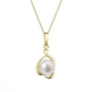Zlatý 14 karátový náhrdelník s bílou říční perlou a briliantem 92PB00052,Zlatý 14 karátový náhrdelník s bílou říční perlou a briliantem 92PB00052
