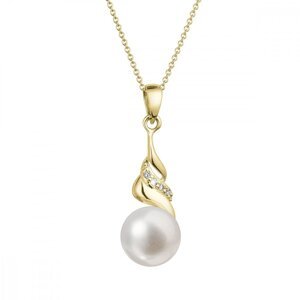 Zlatý 14 karátový náhrdelník s bílou říční perlou a brilianty 92PB00054,Zlatý 14 karátový náhrdelník s bílou říční perlou a brilianty 92PB00054