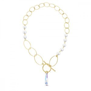 Stříbrný pozlacený náhrdelník s bílými perlami a měnivým krystalem Crystalactite NG6017AB8W AB,Stříbrný pozlacený náhrdelník s bílými perlami a měnivý
