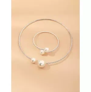 Sada šperků nastavitelný náhrdelník a náramek s perlami Bílý,Sada šperků nastavitelný náhrdelník a náramek s perlami Bílý