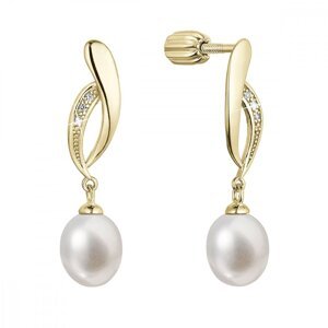 Pozlacené stříbrné náušnice pecky s říční perlou a zirkony bílá 21103.1B Au plating,Pozlacené stříbrné náušnice pecky s říční perlou a zirkony bílá 21