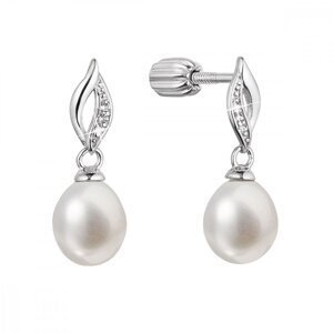 Stříbrné náušnice visací s říční perlou a zirkony bílá 21104.1B,Stříbrné náušnice visací s říční perlou a zirkony bílá 21104.1B