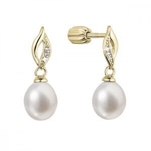 Pozlacené stříbrné náušnice visací s říční perlou a zirkony bílá 21104.1B Au plating,Pozlacené stříbrné náušnice visací s říční perlou a zirkony bílá