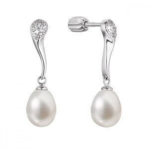 Stříbrné náušnice visací s oválnou říční perlou a zirkony bílé 21097.1B,Stříbrné náušnice visací s oválnou říční perlou a zirkony bílé 21097.1B