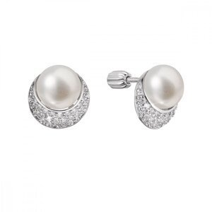 Stříbrné náušnice pecky půlměsíc s říční perlou a zirkony bílé 21099.1B,Stříbrné náušnice pecky půlměsíc s říční perlou a zirkony bílé 21099.1B