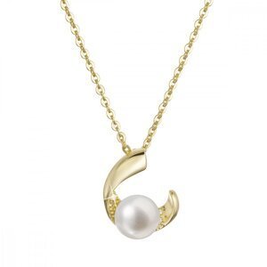 Pozlacený stříbrný náhrdelník s pravou říční perlou v půlkruhu se zirkony 22041.1 Au plating,Pozlacený stříbrný náhrdelník s pravou říční perlou v půl