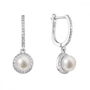 Stříbrné náušnice visací s bílou říční perlou a zirkony kulaté 21076.1,Stříbrné náušnice visací s bílou říční perlou a zirkony kulaté 21076.1