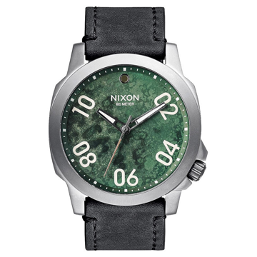 Nixon RANGER 45 LEATHER GUNMETALGREENOXYDE analogové sportovní hodinky - černá