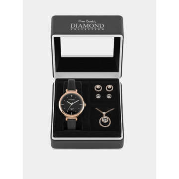 Sada dámských hodinek s koženým páskem a šperků v růžovozlaté barvě Pierre Cardin
