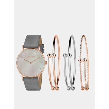 Sada dámských hodinek s koženým páskem a tří náramků ve stříbrné a růžovozlaté barvě Pierre Cardin