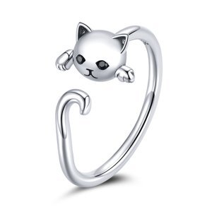 Emporial stříbrný nastavitelný prsten Roztomilá kočka SCR707 Velikost: Univerzální 52-60 mm