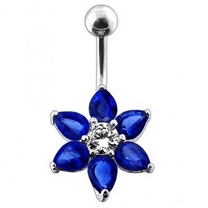 Šperky4U Stříbrný piercing do pupíku - kytička, tmavě modré zirkony - BP01030-B