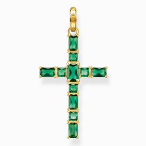 THOMAS SABO přívěsek Cross with green stones gold PE939-472-6