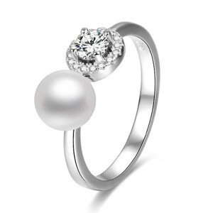 Beneto Otevřený stříbrný prsten se zirkony a perlou AGG339 S (52 - 55 mm)