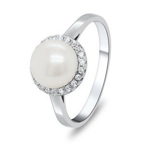 Brilio Silver Elegantní stříbrný prsten s perlou a zirkony RI034W 50 mm