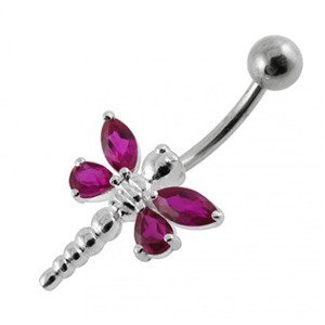 Šperky4U Stříbrný piercing do pupíku - vážka, barva tm. růžová - BP01188-F