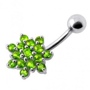Šperky4U Stříbrný piercing do pupíku - kytička, světle zelené zirkony - BP01032-G