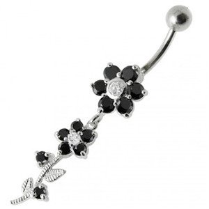 Šperky4U Stříbrný piercing do pupíku - kytička s černými zirkony - BP01136-K