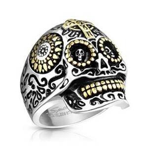 Šperky4U Ocelový prsten lebka s ornamenty - velikost 65 - OPR0133-65