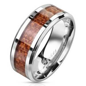 Šperky4U Pánský ocelový prsten dekor dřevo - velikost 68 - OPR1837-68