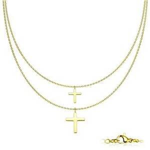 Šperky4U Dvojitý zlacený ocelový náhrdelník s křížky - OPD0219-GD