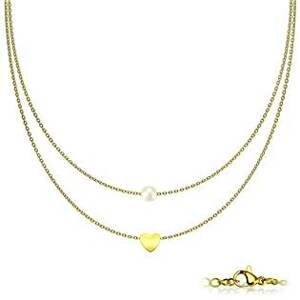 Šperky4U Dvojitý zlacený ocelový náhrdelník se srdíčkem a perličkou - OPD0225-GD
